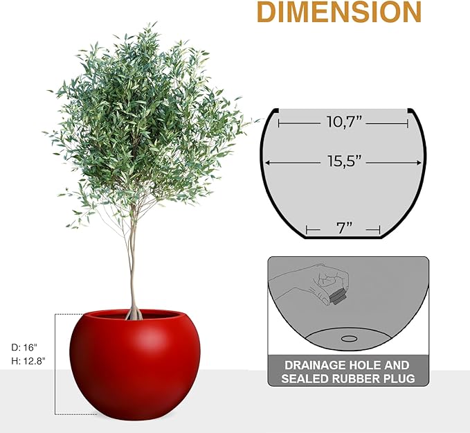 12.8" H x 16" D Globo Fiberstone Round Planter with Drainage Hole, Smooth Finishes, Weather Resistant for Indoor and Outdoor Use, Included 2 Extra Coco Mats (Red, 10.7" Pot Opening)