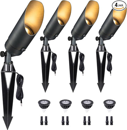 Gardenreet Brass Landscape Lighting - Low Voltage Outdoor Spotlights, Wired LED Uplights 12V, Waterproof Spot Lights, Antique Bronze for Outside Trees with 5W 5000K Daylight MR16 Bulb (4 Pack)