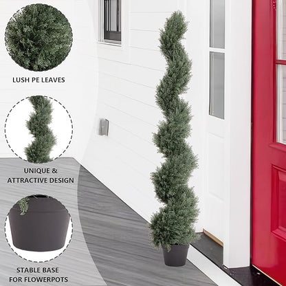 THE BLOOM TIMES 5ft Spiral Artificial Topiary Trees Set of 2, Faux Cedar Trees for Outdoor Planters - Fake Twist Cypress Plants for Garden Front Porch Indoor Outside Christmas Decor 5 Foot