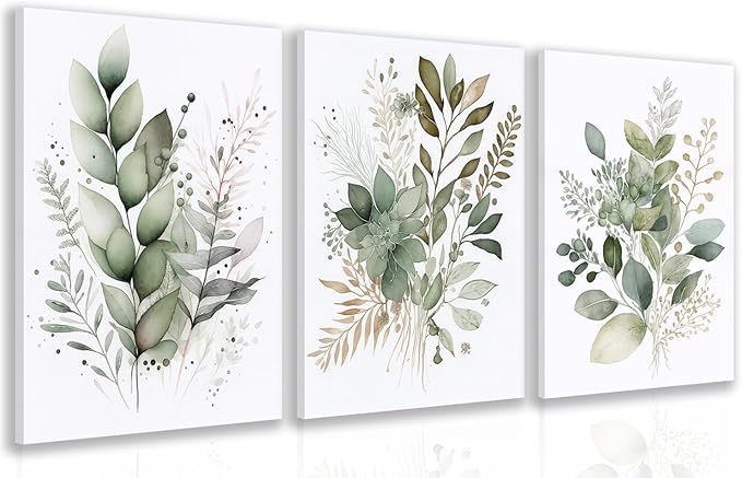 LLEEMPI Framed Sage Green Wall Art Set of 3, Modern Watercolor Botanical Wall Decor, Eucalyptus Leaf Canvas Painting, Classic Minimalist Florals Poster Print for Bedroom Bathroom Office 16x24 Inch