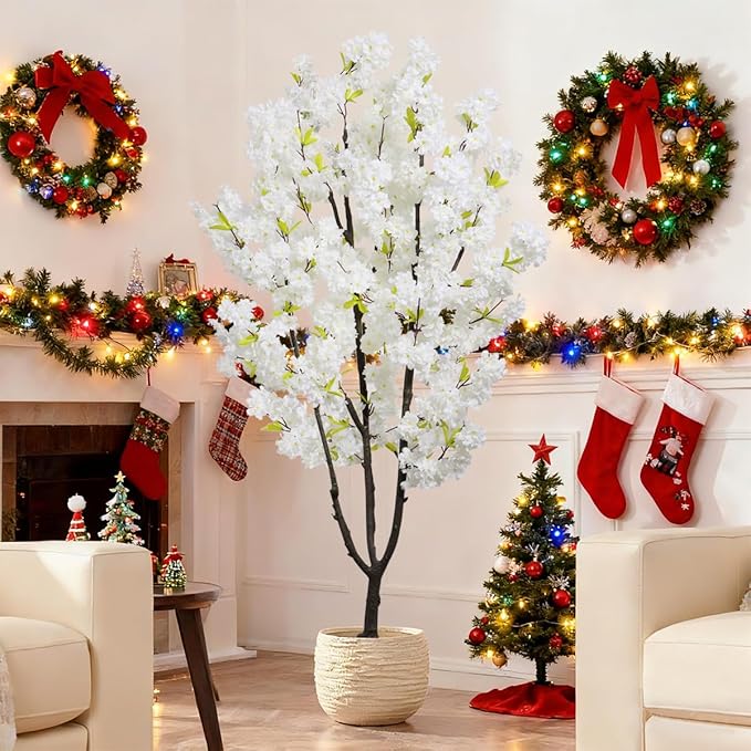 Faux White Cherry Blossoms Tree 6FT Flowering Tree Artificial Cherry Blossom Tree for Bedroom Home Christmas New Year Decor