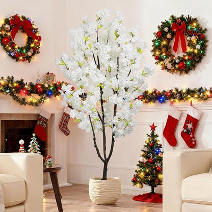 Faux White Cherry Blossoms Tree 6FT Flowering Tree Artificial Cherry Blossom Tree for Bedroom Home Christmas New Year Decor
