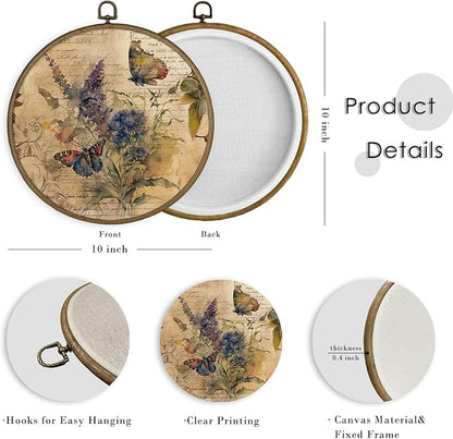 MAQIKA Vintage Butterfly Botanical Framed Wall Art Decor, Butterfly Wall Decor, Wildflower Round Wall Hanging Decor, Farmhouse Butterflies Canvas Prints Wall Art for Office Bedroom, 10x10 Inch