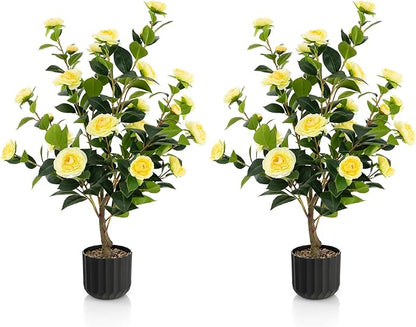 Goplus 38’’ Artificial Camellia Tree, 2 Pack Flower Plants Artificial Tree, Faux Floral Plant Blooming Tree in Cement Pot, Greenery Potted Plant for Indoor Outdoor Office Home Porch Decor