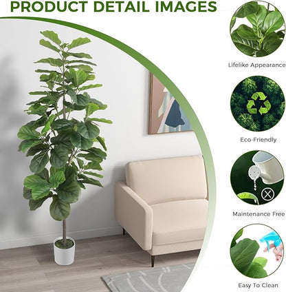 6ft Artificial Fiddle Leaf Fig Tree with 96 Fiddle Leaves, Fake Ficus Trees Indoor with Plastic Nursery Pot, Faux Ficus Lyrata Plant with Fake Moss, adorning The Living Room, Bedroom, and Office