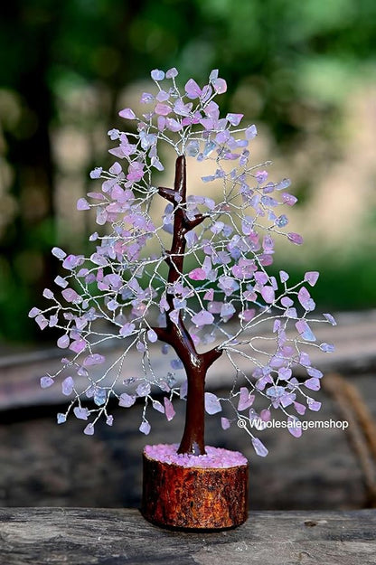 Rose Quartz Silver Wire Artificial Bonsai Tree – Crystal Healing Gem Tree for Love, Peace & Decor