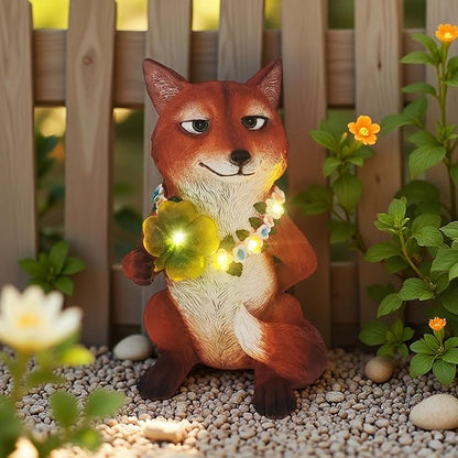 Solar Red Fox Garden Statue 12 Inch, Whimsical Woodland Animal Resin Garden Decor w/ Four-leaf Clover Light, Collectible LED Guardian Fox Outdoor Yard Ornaments for Spring St.Pactrick's Mom Gifts