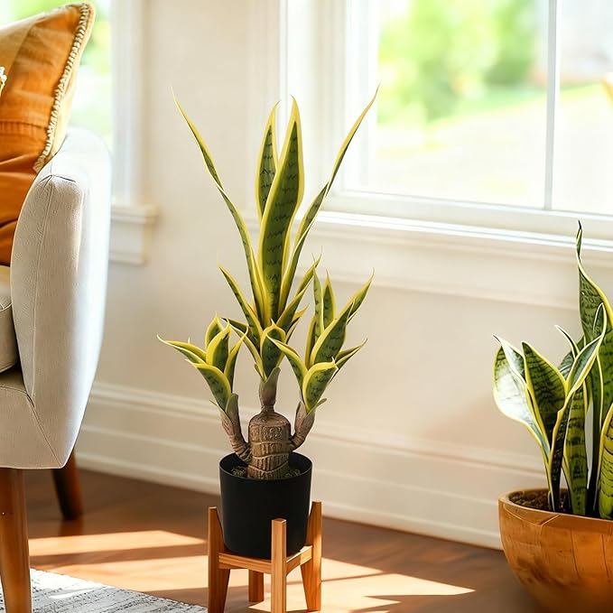 Artificial Snake Plant 23.6" Fake Sansevieria Potted Plants Indoor Outdoor 24 Lifelike Fake Snake Plant Greenery for Home Office Hotel Garden Corner Decor