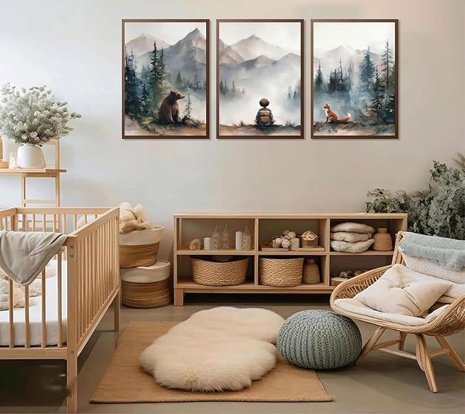 3Pcs Neutral Woodland Wild Animal Wall Art Cute Bear Fox Nursery Wall Decor Pictures Adventure Boy Posters Prints Vintage Forest Animal Canvas Paintings for Baby Room Playroom 12x16