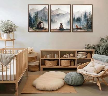 3Pcs Neutral Woodland Wild Animal Wall Art Cute Bear Fox Nursery Wall Decor Pictures Adventure Boy Posters Prints Vintage Forest Animal Canvas Paintings for Baby Room Playroom 12x16
