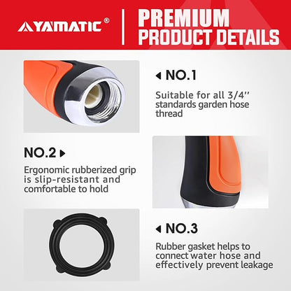YAMATIC Garden Hose Nozzle, 10 Adjustable Spray Nozzle, Heavy Duty Water Hose Nozzle with THUMB CONTROL ON OFF VALVE for Watering Plants,Lawn Washing Cars,Cleaning,Showering Pets & Outdoor Fun