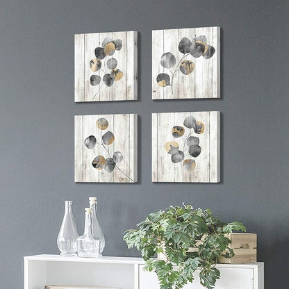 Leaf Canvas Picture Wall Art: Botanical Plant Leaves with Wooden Texture Painting Artwork for Bedrooms Kitchen (16" Wx16 Hx4 PCS, Multi-Sized)