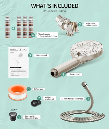 SR SUN RISE Filtered Shower Head with Handheld High Pressure 9 Spray Mode Showerhead Detachable Shower Head Water Softener Filters Beads for Hard Water Remove Chlorine 4 Filters Brushed Nickel