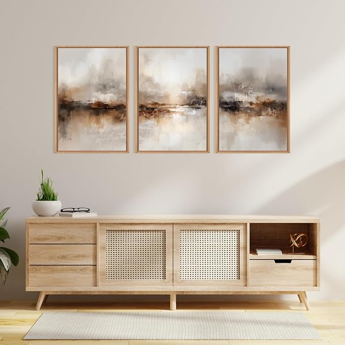 Large Abstract Brown Framed Canvas Wall Art,Neutral Brush Stroke Wall Decor,Modern Beige Gray Painting,Minimalist Textured Artwork for Living Room,Bedroom,Dining Room,Office -24"x36"x3