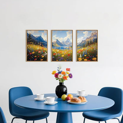 HOURIA Boho Vibrant Watercolor Wildflower & Snowy Mountain Framed Canvas Wall Art Set,Colorful Floral Landscape Decor,Modern Natural Field Scenery Artwork for Living Room,Bedroom,Farmhouse-24 x36 x3