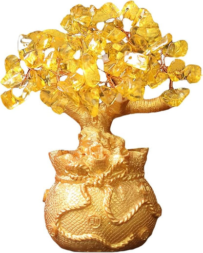 Golden Money Tree Ornament Bring Good Luck Fortune Lucky Bag Tree Resin Figurine Statue Sculpture Home Office Desktop Fengshui Decoration (Golden)
