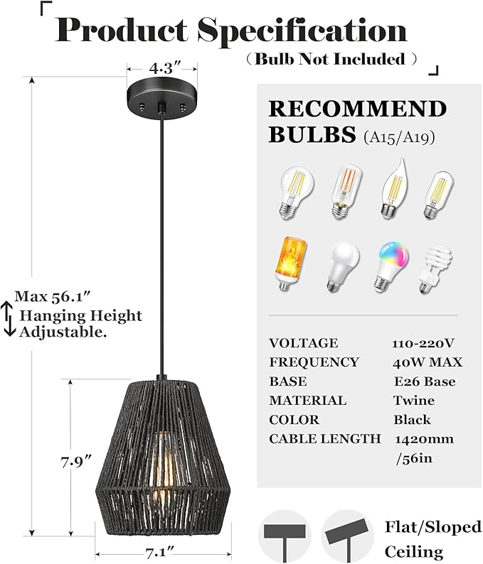 ELYONA Modern Woven Pendant Light Fixtures, 7" Farmhouse Coastal Hanging Lamp, Matte Black Handwoven Rattan Basket Shade, Boho Pendant Light for Kitchen Island Bar,Dining Room, Bedroom,Hallway 3 Pack