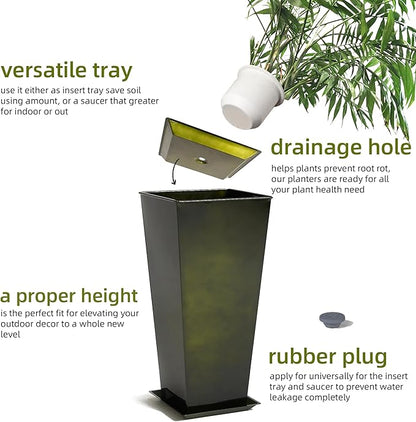 KOL 28''H. Tall Metal Planter with Saucer, Galvanized Steel Glazed Planter Pots with Drainage Hole for Indoor & Outdoor Use, Set of 2, Decorative Flower Plant Pots for Front Porch, Patio, Deck - Green