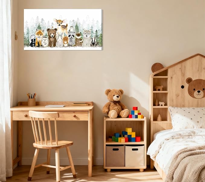 Woodland Animal Nursery Canvas Wall Art Watercolor Forest Baby Animal Painting Picture Nursery Wall Decor Fox Bear Deer Poster Print for Boys Room Girls Room Home Decoration 24 x 12 Frame