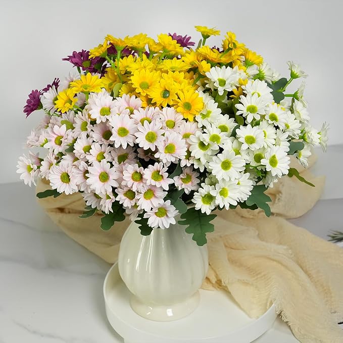 Artificial Fake Mums Flowers Plants for Outdoors,12 Bundles Faux mums Mix Silk Glory UV Sun Resistant, Realistic Flowers for Planter Porch Patio Yard Balcony Home Decor (Yellow/White/Pink)