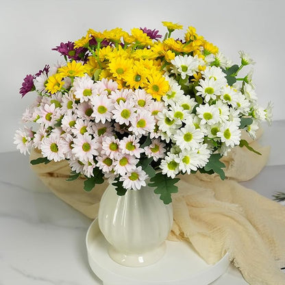 Artificial Fake Mums Flowers Plants for Outdoors,12 Bundles Faux mums Mix Silk Glory UV Sun Resistant, Realistic Flowers for Planter Porch Patio Yard Balcony Home Decor (Yellow/White/Pink)