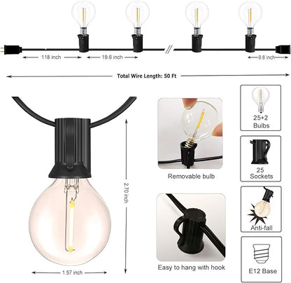 DAMAING Outdoor String Lights LED 50Feet G40 Globe Patio Lights with 27 Edison Plastic LED Bulbs,2700K Warm Glow Weatherproof for Indoor Outdoor Backyard Bistro Lighting