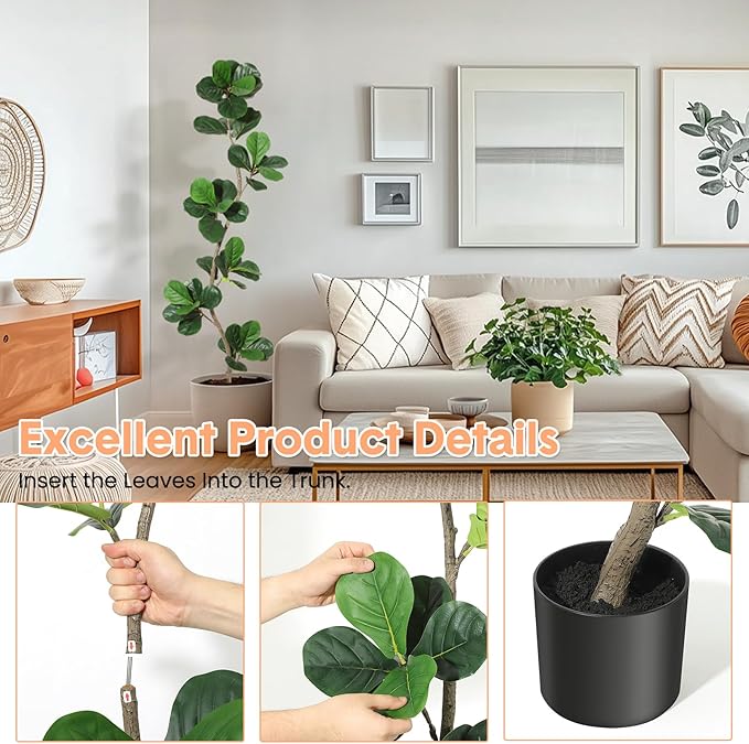 Artificial Fiddle Leaf Fig Tree, 6ft Fake Plants with Black Nursery Planter, Artificial Trees for Home Decor Indoor