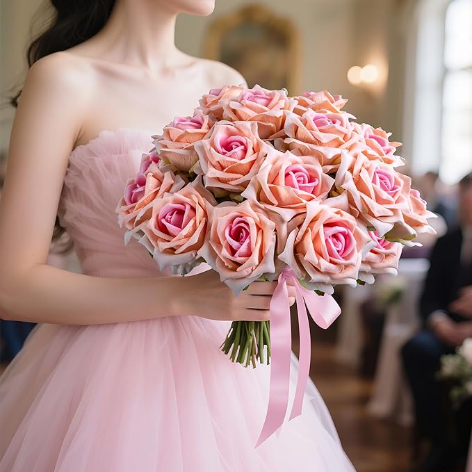 Fake Roses Faux Flowers Silk Roses Artificial Roses with Stems Realistic Artificial Flowers 16.5In Suitable for Indoor Home Decoration DIY Bouquet Wedding Decor Party Decor (Pink, 24PCS)