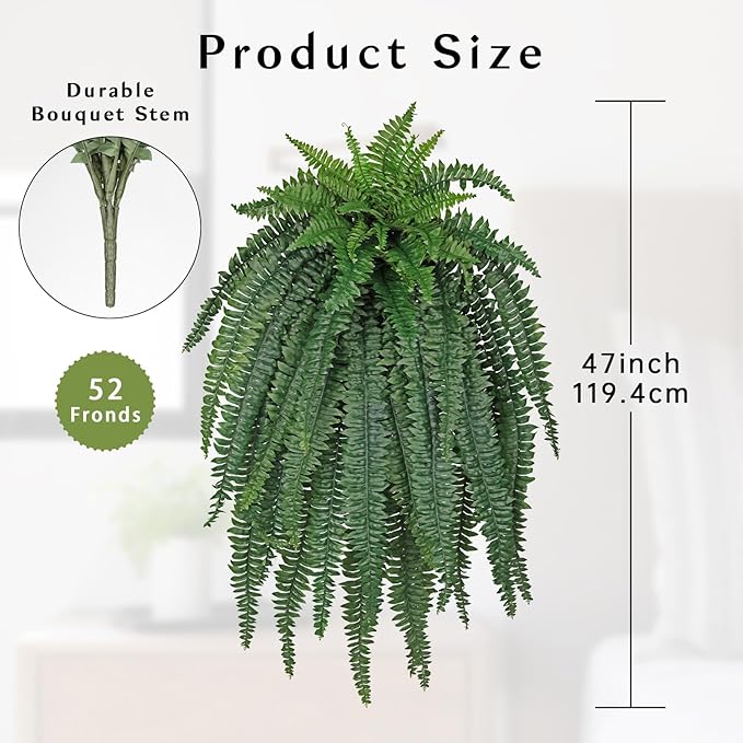 Ferns Fake Plants 52 Fronds Artificial Plants Outdoor 47" Long Fake Fern Look Real Large Plant Artificial Ferns Potted | Hanging Boston Fern | Fake Plant Shrubs for Home Garden Porch Farmhouse Decor