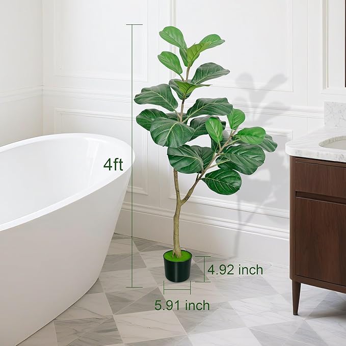 Artificial Fiddle Leaf Fig Tree, 4FT Tall Faux Ficus Lyrata Fake Tree in Black Pot, Faux Plant for Home Office Living Room Decor Aesthetic