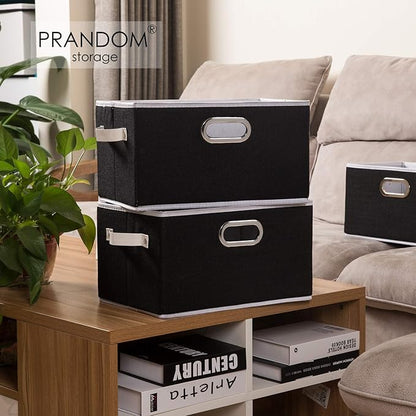 PRANDOM Fodable Storage Baskets for Closet [5-pack] Decorative Fabric Storage Bins Cubes with Leather/Metal Handles for Shelves Bedroom Living Room Black (11.5x8.5x6.7 Inch)
