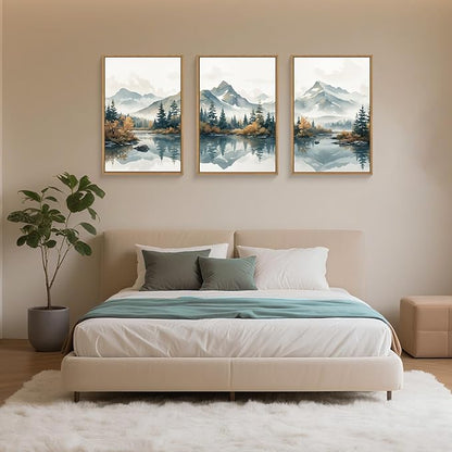 HLNIUC Winter Christmas Mountain Wall Art Framed,Large White Snowy Forest Decor Set of 3 (24"x36"), Watercolor Nature Lake Foggy Landscape Canvas Painting for Living Room, Bedroom, Office