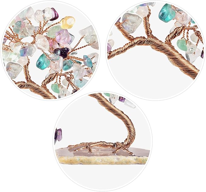 mookaitedecor Natural Fluorite Crystal Money Tree Agate Slice Base Feng Shui Bonsai Crystal Tree for Wealth Luck Desk Decor, 3-4 Inch High