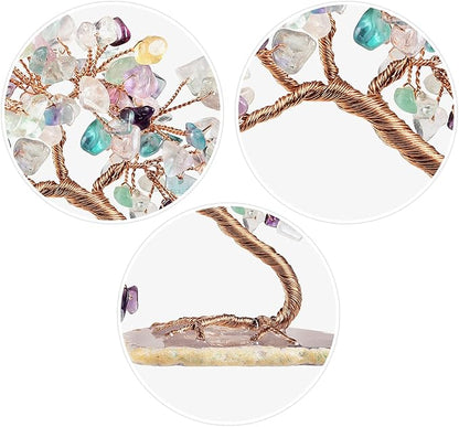 mookaitedecor Natural Fluorite Crystal Money Tree Agate Slice Base Feng Shui Bonsai Crystal Tree for Wealth Luck Desk Decor, 3-4 Inch High