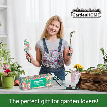 GardenHOME Garden Tool Set – Durable Stainless Steel Gardening Kits with Tote Bags, Stools, and Accessories, Perfect for Gardeners, Women, and Men (5 Piece Floral)