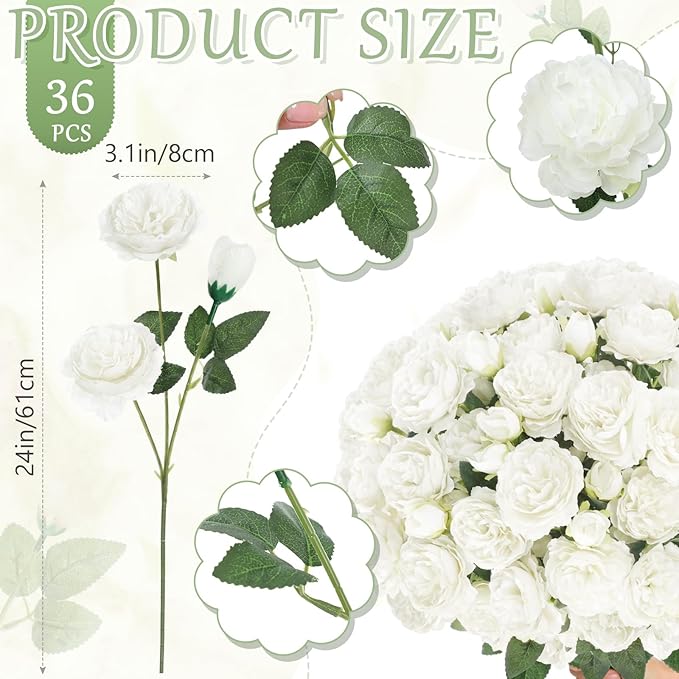 36 Bundles Artificial Flowers Peonies Roses Fake Bouquet for Wedding Bridal Shower Valentine's Day Decorations Fake Floral Arrangements Table Centerpieces Home Decor(White)