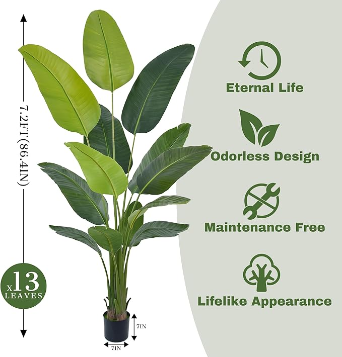 Artificial Bird of Paradise Tree 7.2FT(86in) Tall Faux Plant with Realistic 13 Leaves, Fake Tropical Floor Potted Artificial Plants for Home Office Living Room Indoor Decor (7.2feet,1Pack)