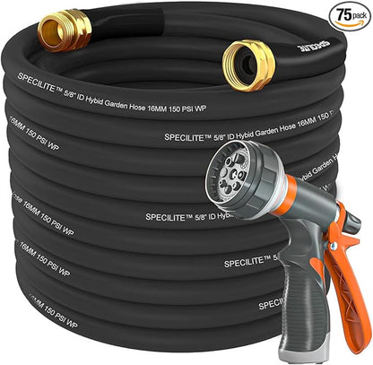 SPECILITE Garden Water Hose 75 ft x 5/8 in Heavy Duty, Flexible and Lightweight, Burst 600 psi, Kink-less Hybrid Rubber Pipe for Backyard, 3/4'' Brass Fittings,Black