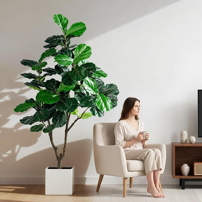 Artificial Fiddle Leaf Fig Tree 6ft with White Planter Realistic Fiddle Leaf Lyrata Plant Tall Fake Tree with Natural-Looking Leaves Fake Tree for Indoor Outdoor Home Office Decor