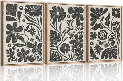Ausril Black Floral Botanical Framed Canvas Wall Art Set, Abstract Floral Market Wall Decor, Modern Vintage Wall Painting, Boho Minimalist Art Print for Living Room Girl Room Office 16"x24"x3