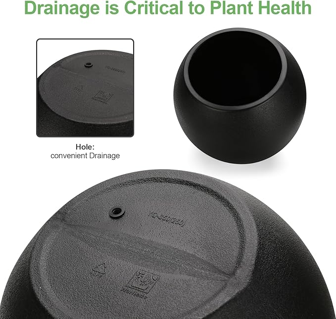 13.78”Dx11”H Lightweight Durable Modern Plastic Sphere Planter with Drainage Hole & Rubber Plug Weather Resistant,Planters for Indoor Plants & Outdoor,Large Plant Pot,(Black, 9" Pot Opening)