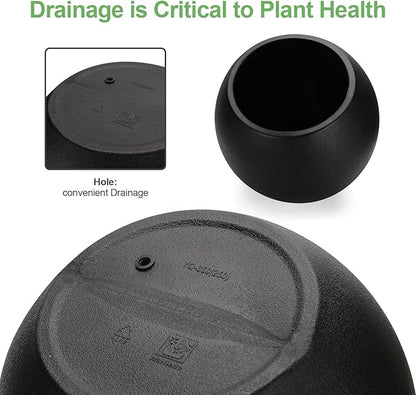 13.78”Dx11”H Lightweight Durable Modern Plastic Sphere Planter with Drainage Hole & Rubber Plug Weather Resistant,Planters for Indoor Plants & Outdoor,Large Plant Pot,(Black, 9" Pot Opening)