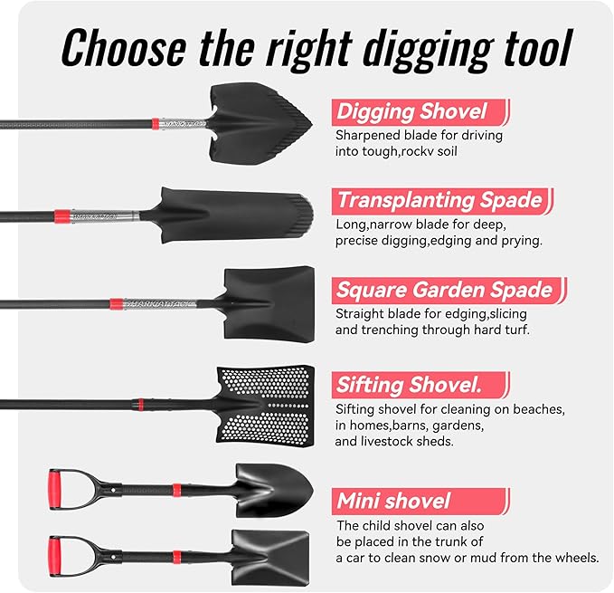 SHARK ATTACK Heavy Duty Garden Shovel 43.3 inch with D-Grip Handle, 10.04'' Serrated Steel Blade for Digging and Landscaping, Beach Shovel, Car Snow Shovel