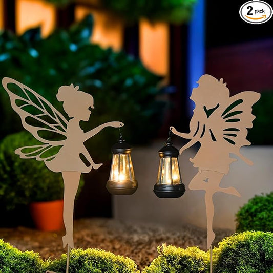 Solar Fairy Garden Decor Lights, 2 Packs, Metal Hanging Lanterns with Warm Solar Glow – Exquisite Gifts for Women, Mom, Friends(Rust-Colored Fairy Hanging Lantern)