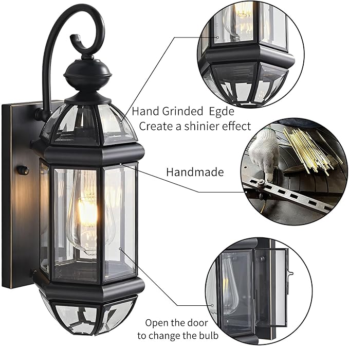Milaii Outdoor Light Fixture 17" Copper Exterior Wall Lights Black Lantern Porch Light IP65 Waterproof Outdoor Wall Light for House Patio Garage Entryway