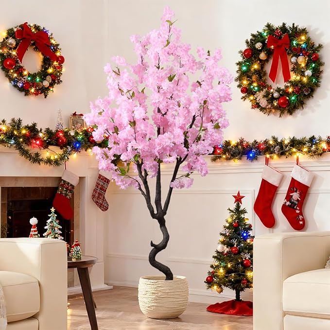 7FT Artificial Cherry Blossom Tree Beautiful Sakura Flower Tree Indoor Faux Pink Tree for Home Christmas New Year Decor
