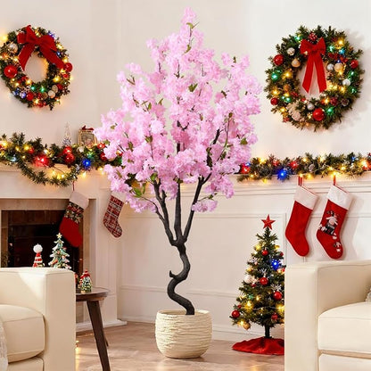 7FT Artificial Cherry Blossom Tree Beautiful Sakura Flower Tree Indoor Faux Pink Tree for Home Christmas New Year Decor