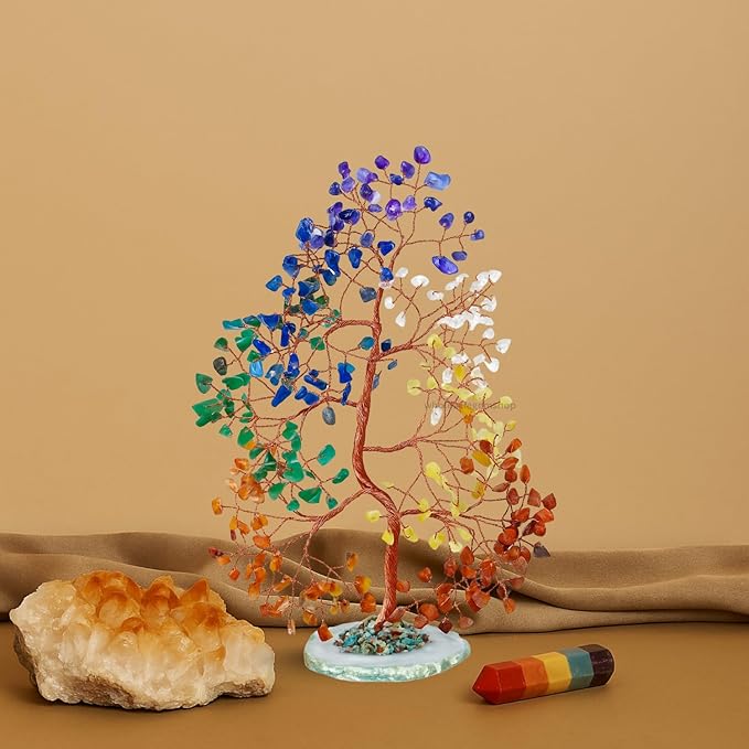 Seven Chakra Crystal Gem Tree with Natural Agate Slice Base – Handmade Wire Tree for Energy Healing, Meditation & Home Decor