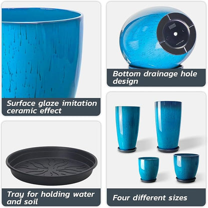 ZMTECH 24/21/12/10" H Large Plastic Planters with Drainage Hole & Saucer, Set of 4 Tall Plant Pots for Indoor/Outdoor Use, Gradient Blue Glossy Smooth Flower Pot for Front Porch Patio Garden