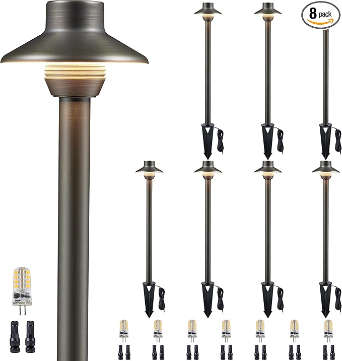 Gardenreet LED Pathway Lights Brass, 12V Landscape Path Lights Wired, Low Voltage Walkway Lights Outdoor Waterproof, Mini Shade Bronze for Backyard Garden with 3W 270LM 2700K G4 Bulb 8 Pack
